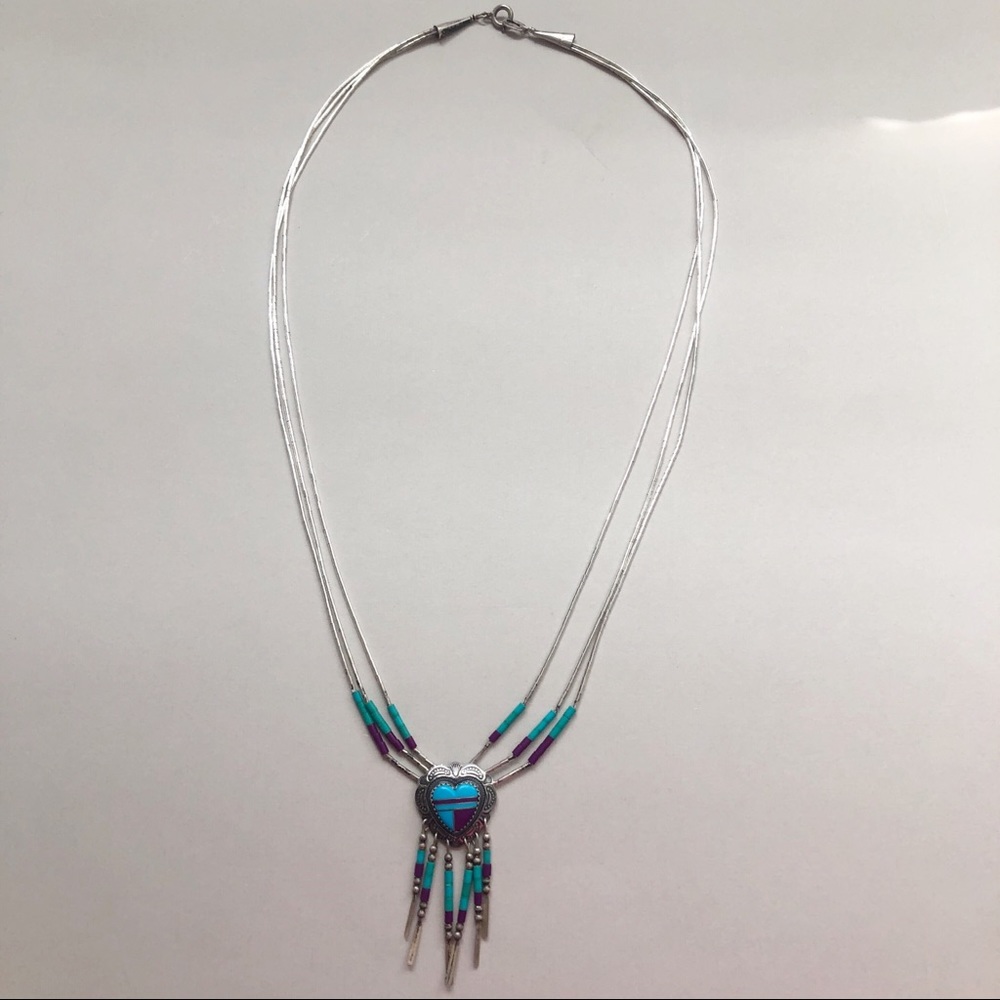 Southwestern Liquid Silver Inlay Turquoise Sugilite Sterling Heart Necklace - Picture 8 of 12